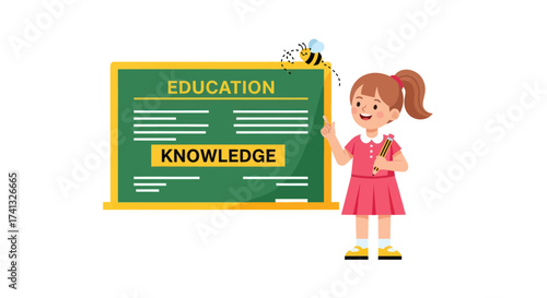 Girl presenting education and knowledge on a green chalkboard with a bee on top.