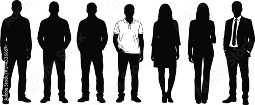 Printlhouettes of diverse business people and professionals standing together in teamwork, office collaboration, corporate success, communication, leadership, career, workplace