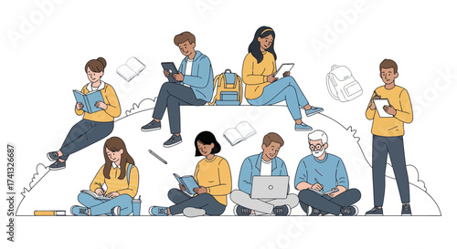 A diverse group of students studying together reading books and using modern technology like laptops and tablets in a colorful illustration.