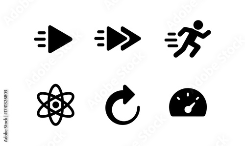 Modern icons for speed and efficiency: play, fast forward, running, atom, refresh, speedometer