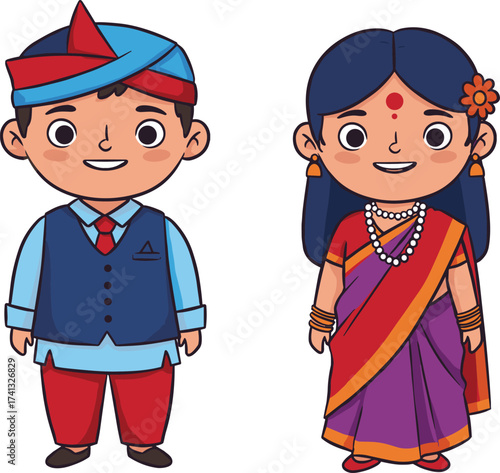 Cartoon boy and girl in traditional Indian attire, cultural clothing illustration, festive saree and turban, ethnic children character design, heritage celebration, educational artwork