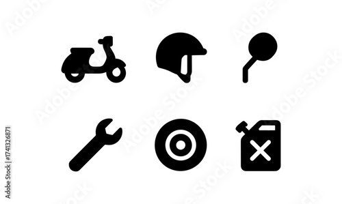 Motorcycle icons: helmet, tools, and fuel essentials in silhouette
