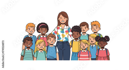Group of Diverse Children and Teacher Smiling Together.