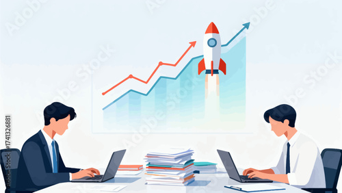 Business team working with growth chart and rocket