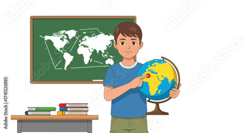 Young boy pointing at a globe in a classroom with a world map on the blackboard.