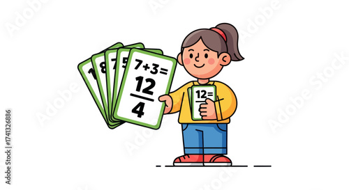 Smiling Cartoon Girl Holding Educational Math Flashcards.
