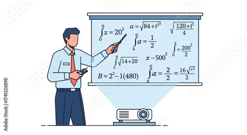 Illustration of a professor teaching a mathematics class using a projector to display complex equations.