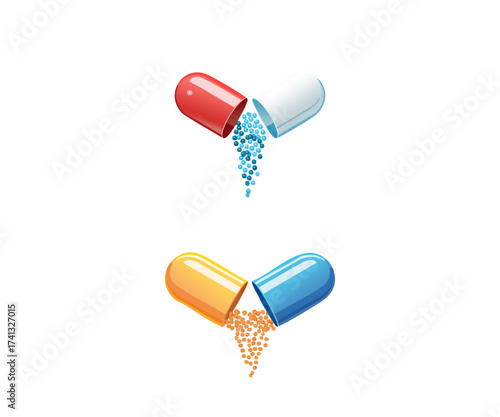 Two colorful capsules, one red and white and the other yellow and blue, are shown open with their granular contents spilling out against a white background.