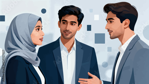 Three people in business attire conversing