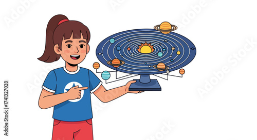Young Girl Presenting a Colorful Solar System Model.
