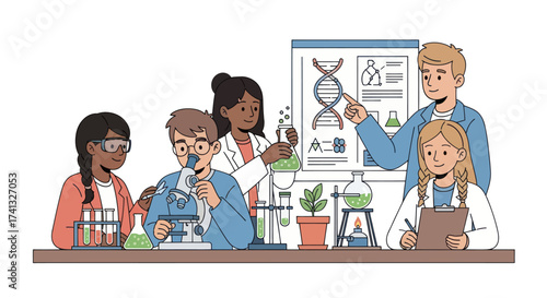 Diverse Children and Teachers Learning Science in Lab with Microscopes.