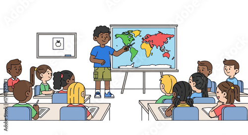Cartoon Teacher Presenting World Map to Students in Classroom.