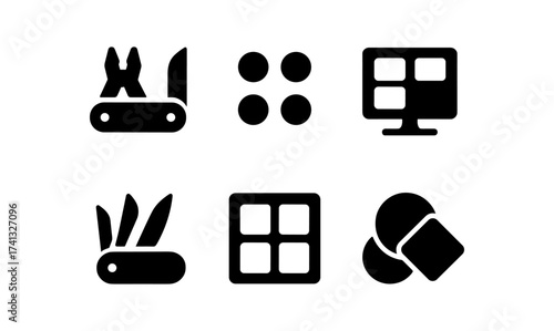 Minimalist icons of multifunctional tools and interface layouts