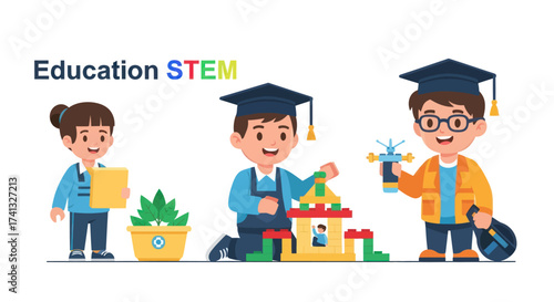 Diverse children engaged in STEM education activities building and learning.