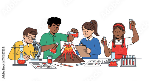 Students Conducting a Science Experiment with a Volcano and Lab Equipment.