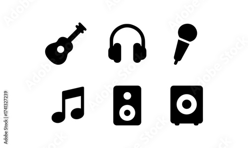Music icon set: guitar, headphones, microphone, note, speaker, subwoofer