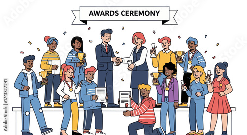 Diverse group of illustrated people celebrating at an awards ceremony with trophies and certificates.