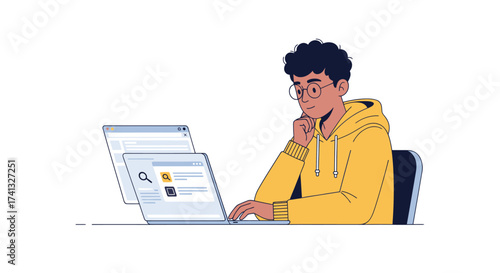 Thoughtful Young Man in Yellow Hoodie Using Laptop.