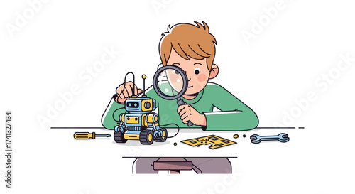 Curious cartoon boy in a green shirt inspects a colorful toy robot with a magnifying glass.