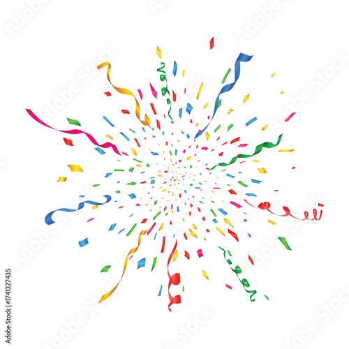 Colorful exploding confetti and streamers central burst,  carnival and festival celebration.