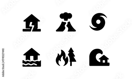 Disaster icons set: earthquake, volcano, hurricane, flood, fire, tsunami - simple black silhouettes