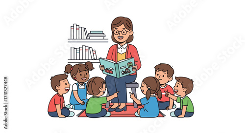Teacher reading a book to a group of attentive young children in a classroom setting.