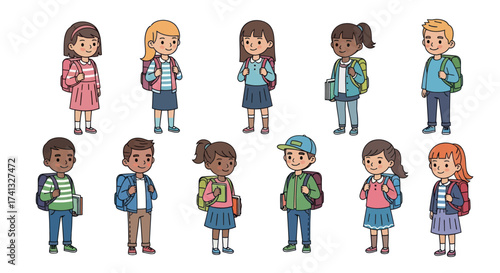 Diverse Group of Cartoon Children Wearing Backpacks Smiling.