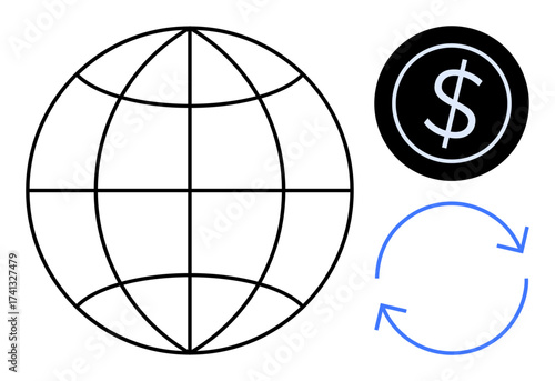 Wireframe globe, currency dollar sign, and circular arrows symbolize global trade, economic flow, financial exchange, commerce, globalization, international economy, and circulation in a simple flat