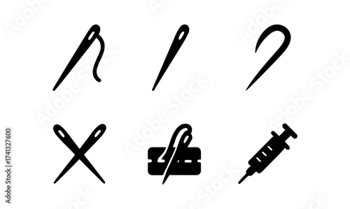 Minimalist sewing and medical icons set: needle, thread, syringe