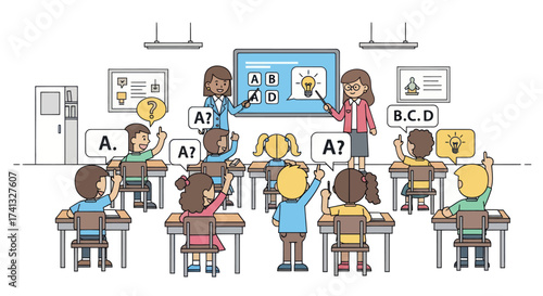 Diverse group of children actively participating in a classroom lesson with teachers.