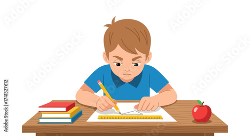 Young Boy Concentrating on Writing at Desk with Supplies.