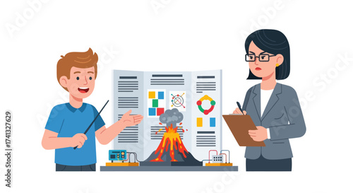 Student Explaining Volcano Science Project to Teacher with Display Board.