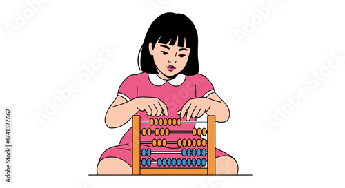 Young girl learning math with a colorful abacus.