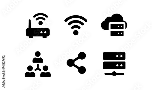Networking icons: router, wifi, cloud storage, share, and connection symbols