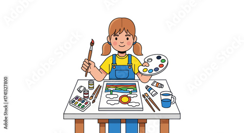 Cheerful Young Girl Painting with Palette and Brush.