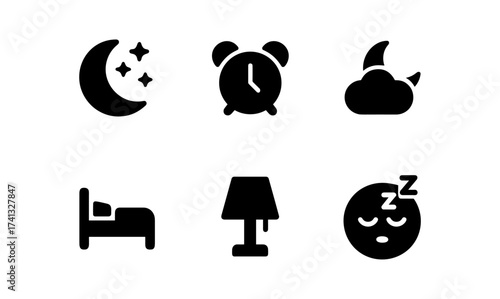 Minimalist nighttime icons: moon, alarm clock, bed, and more for sleep themes