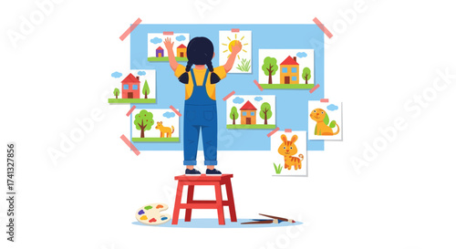 Young Girl Displaying Colorful Artwork on Bulletin Board.