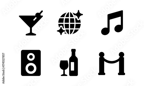 Party icons: music, drinks, and dancing in simple black silhouette design