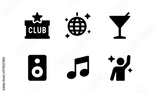 Nightlife icons set: music, dance, and celebration symbols for bars and clubs