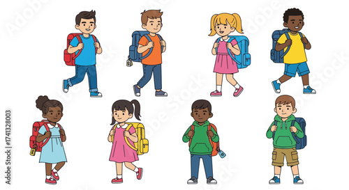 Diverse Group of Cartoon Children with Backpacks Walking.