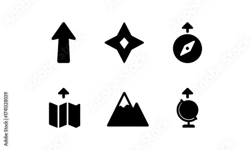 Minimalist navigation icons: arrows, compass, map, globe, mountain symbols