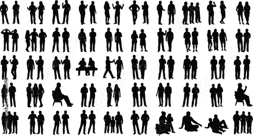 People silhouettes collection, group of men and women, teamwork concept, office colleagues, business meeting, communication, cooperation, friendship, crowd, vector illustration