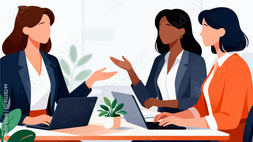 Three women in business attire at a desk