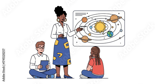 A female teacher giving an astronomy lesson about the solar system to two young students.