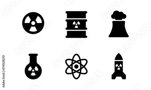 Nuclear energy symbols: icons of radiation, waste, and power