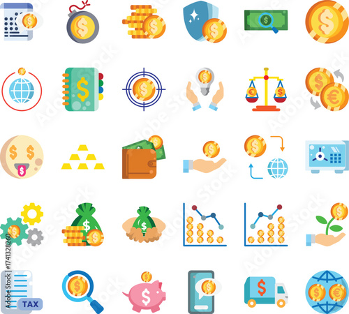 Money icons set for financial and business use. Color set of icons style. Perfect for websites, digital product, UI, presentations, and marketing materials to represent finance and money.