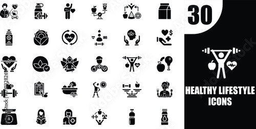Collection of 30 Healthy Lifestyle Icons for Fitness, Nutrition, and Well-being