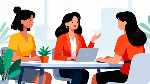 Three women in meeting with laptop and plants