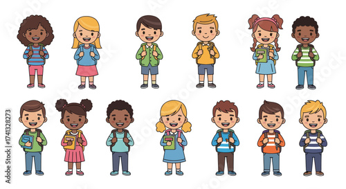 Diverse group of cartoon children with backpacks ready for school.