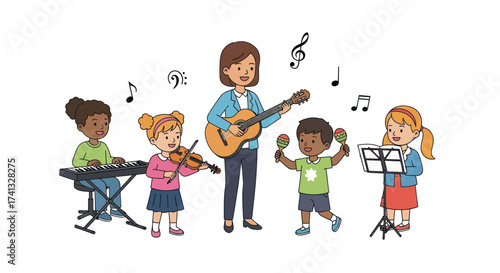 Childrens Music Class with Teacher and Instruments Illustration.